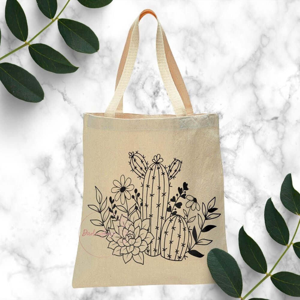 Cute Succulents and Cacti Reusable Canvas Tote - Natural